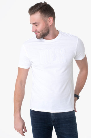 GUESS MEN SHORT SLEEVE BASIC VELVET APPLIQUE LOGO TEE | WHITE