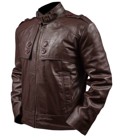 Feather Skin Slim Fit Stone Wash Brown Leather Jacket Men’s Strap Collar Outerwear