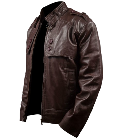 Feather Skin Slim Fit Stone Wash Brown Leather Jacket Men’s Strap Collar Outerwear