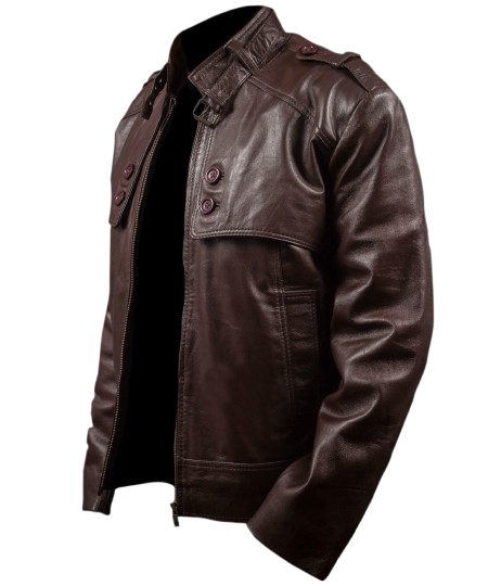 Feather Skin Slim Fit Stone Wash Brown Leather Jacket Men’s Strap Collar Outerwear