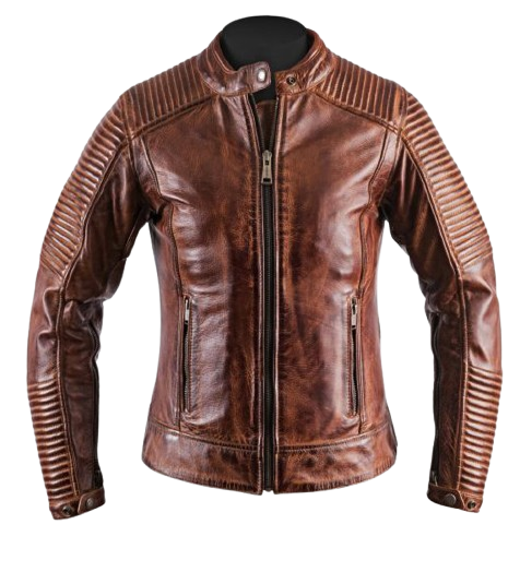 Men’s Brown Distressed Cafe Racer Leather Jacket Ribbed Shoulders & Sleeves