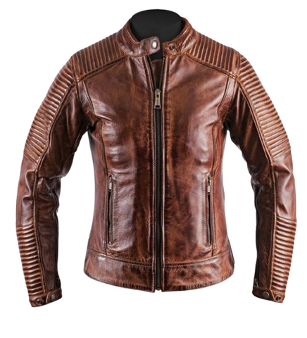 Men’s Brown Distressed Cafe Racer Leather Jacket Ribbed Shoulders & Sleeves