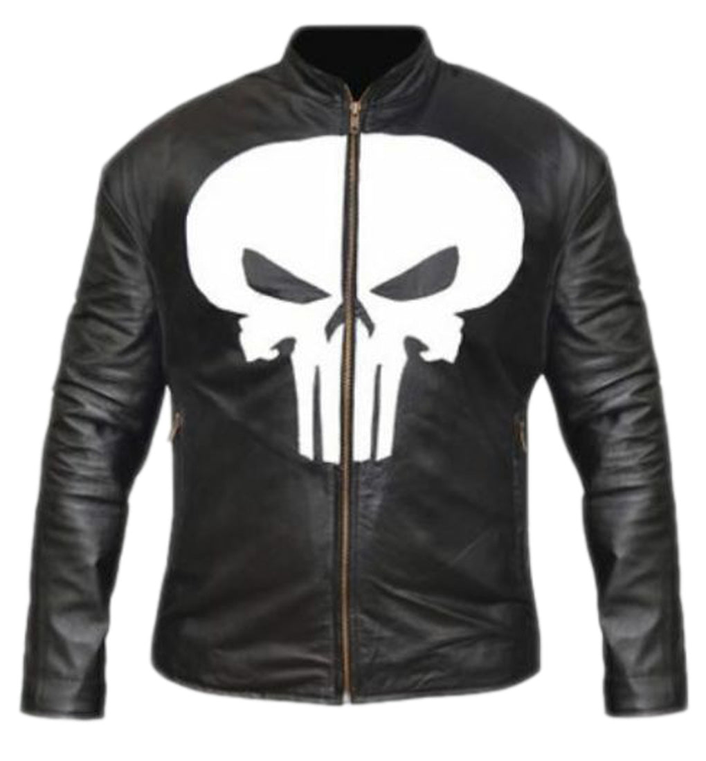 Men’s Black Leather/Faux Leather Punisher Jacket Iconic White Skull Logo