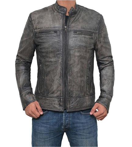 Garcia Distressed Dark Grey Casual Slim Fit Genuine Leather Jacket for Men