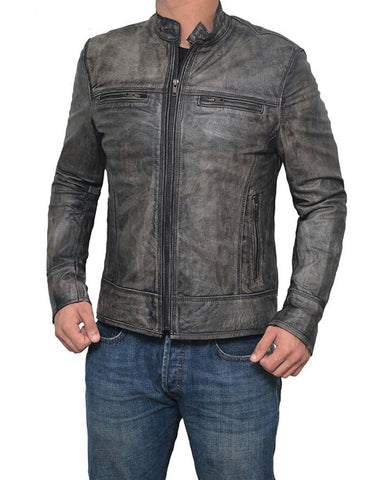 Garcia Distressed Dark Grey Casual Slim Fit Genuine Leather Jacket for Men