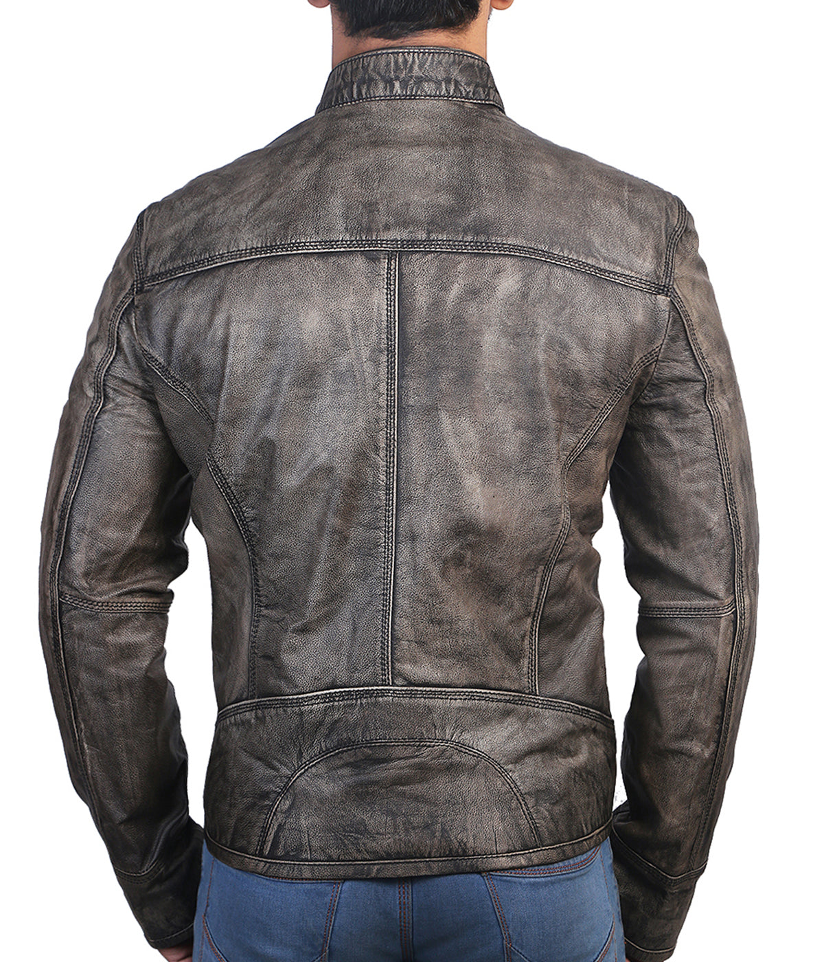Garcia Distressed Dark Grey Casual Slim Fit Genuine Leather Jacket for Men