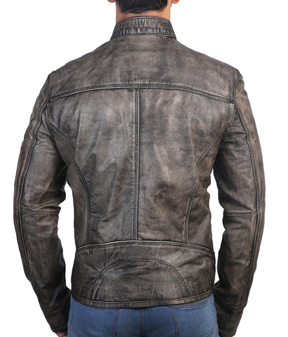 Garcia Distressed Dark Grey Casual Slim Fit Genuine Leather Jacket for Men