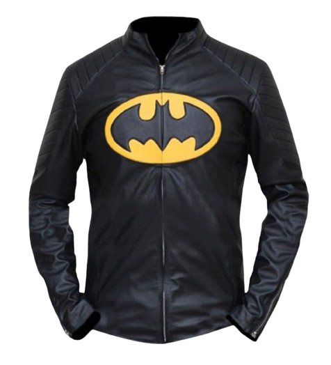 Men’s Black Batman Leather Jacket with Yellow Bat Emblem Superhero Motorcycle Style Outerwear
