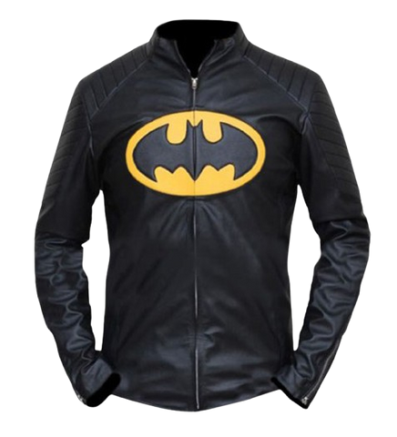 Men’s Black Batman Leather Jacket with Yellow Bat Emblem Superhero Motorcycle Style Outerwear
