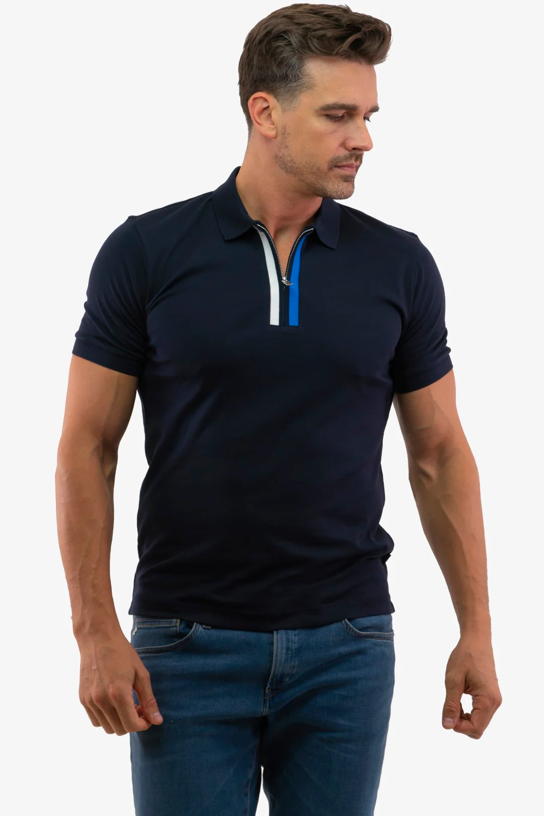 HUGO BOSS MERCERISED-COTTON POLO SHIRT WITH CONTRAST LOGO | NAVY