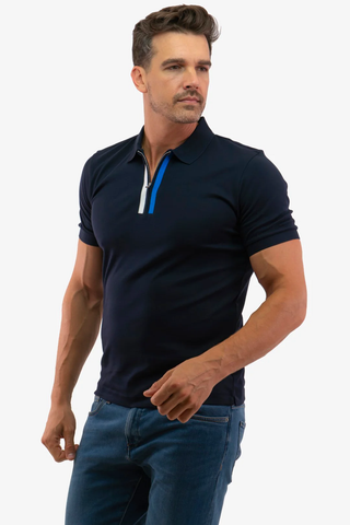 HUGO BOSS MERCERISED-COTTON POLO SHIRT WITH CONTRAST LOGO | NAVY