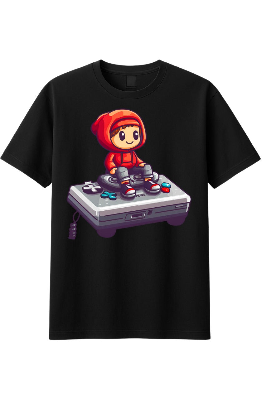 Black Gamer Cartoon Graphic T-Shirt Character Sitting on Video Game Controller Tee