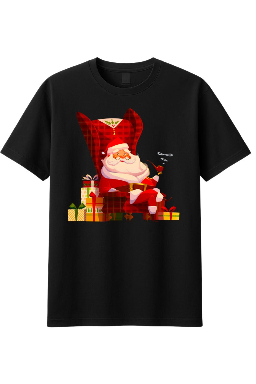 Black Festive Santa Claus Graphic T-Shirt Christmas Gift Stack Illustration Tee