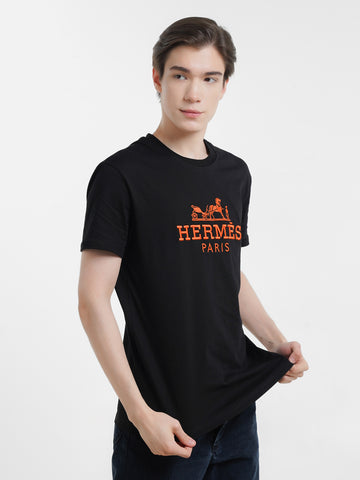 PREMIUM HERMES PARIS T-SHIRT WITH EMBROIDERY LOGO | BLACK