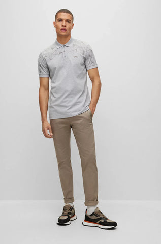 HUGO BOSS COTTON REGULAR-FIT POLO SHIRT WITH GRID ARTWORK | LIGHT GREY