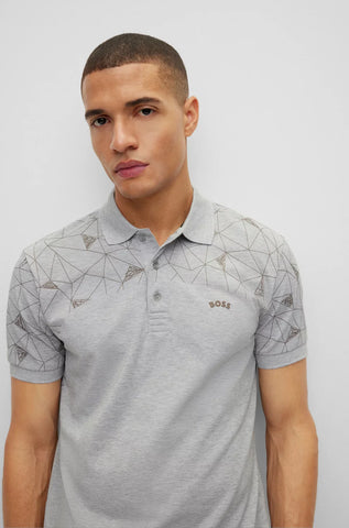HUGO BOSS COTTON REGULAR-FIT POLO SHIRT WITH GRID ARTWORK | LIGHT GREY
