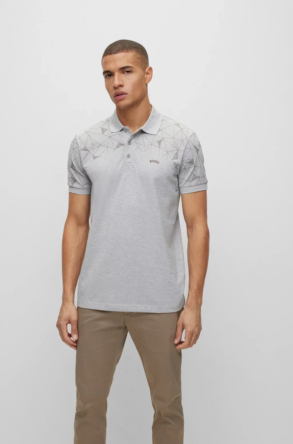 HUGO BOSS COTTON REGULAR-FIT POLO SHIRT WITH GRID ARTWORK | LIGHT GREY