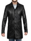 Men’s Black Leather Car Coat Classic Button Closure with Shirt Collar Lapel