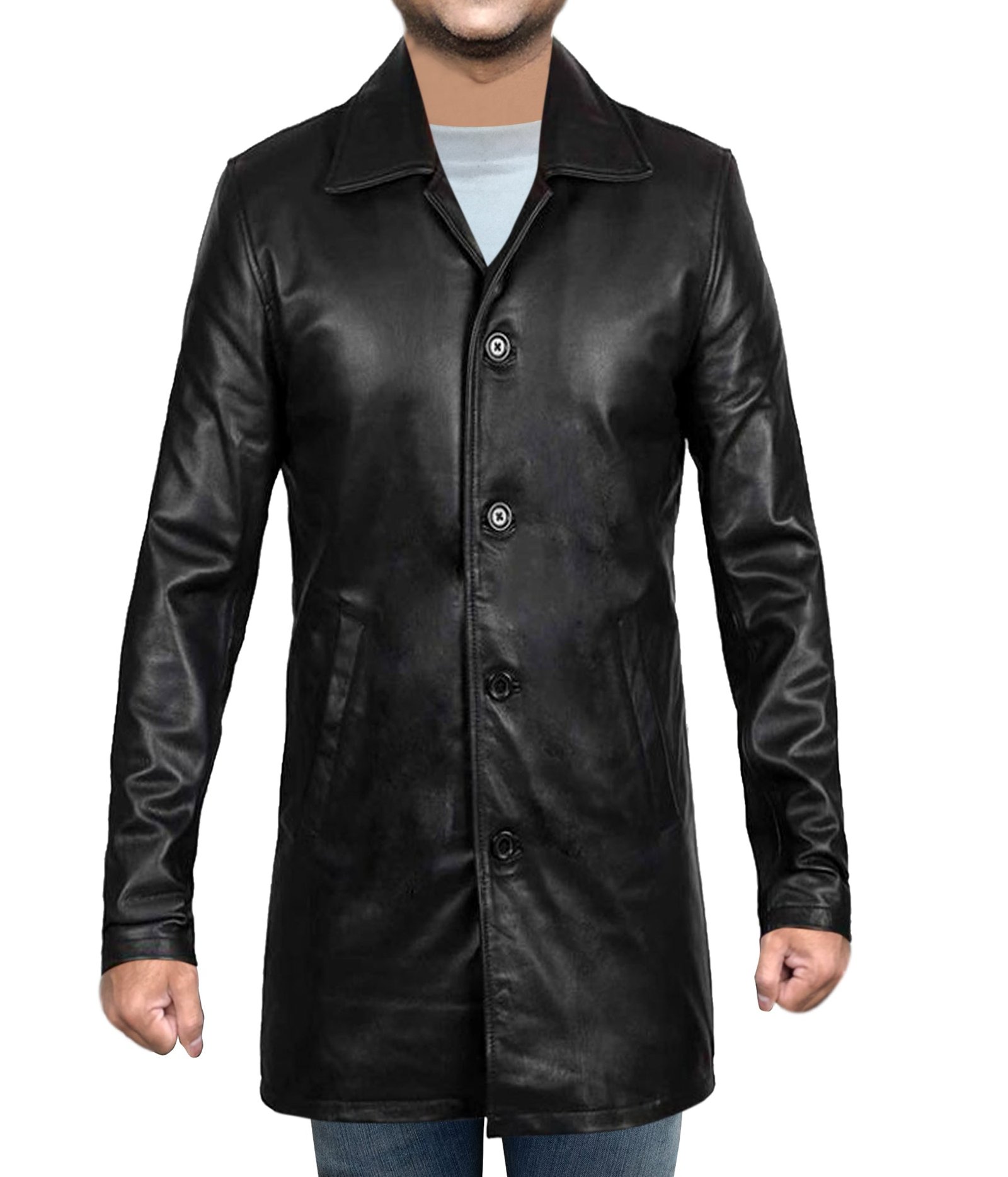Men’s Black Leather Car Coat Classic Button Closure with Shirt Collar Lapel
