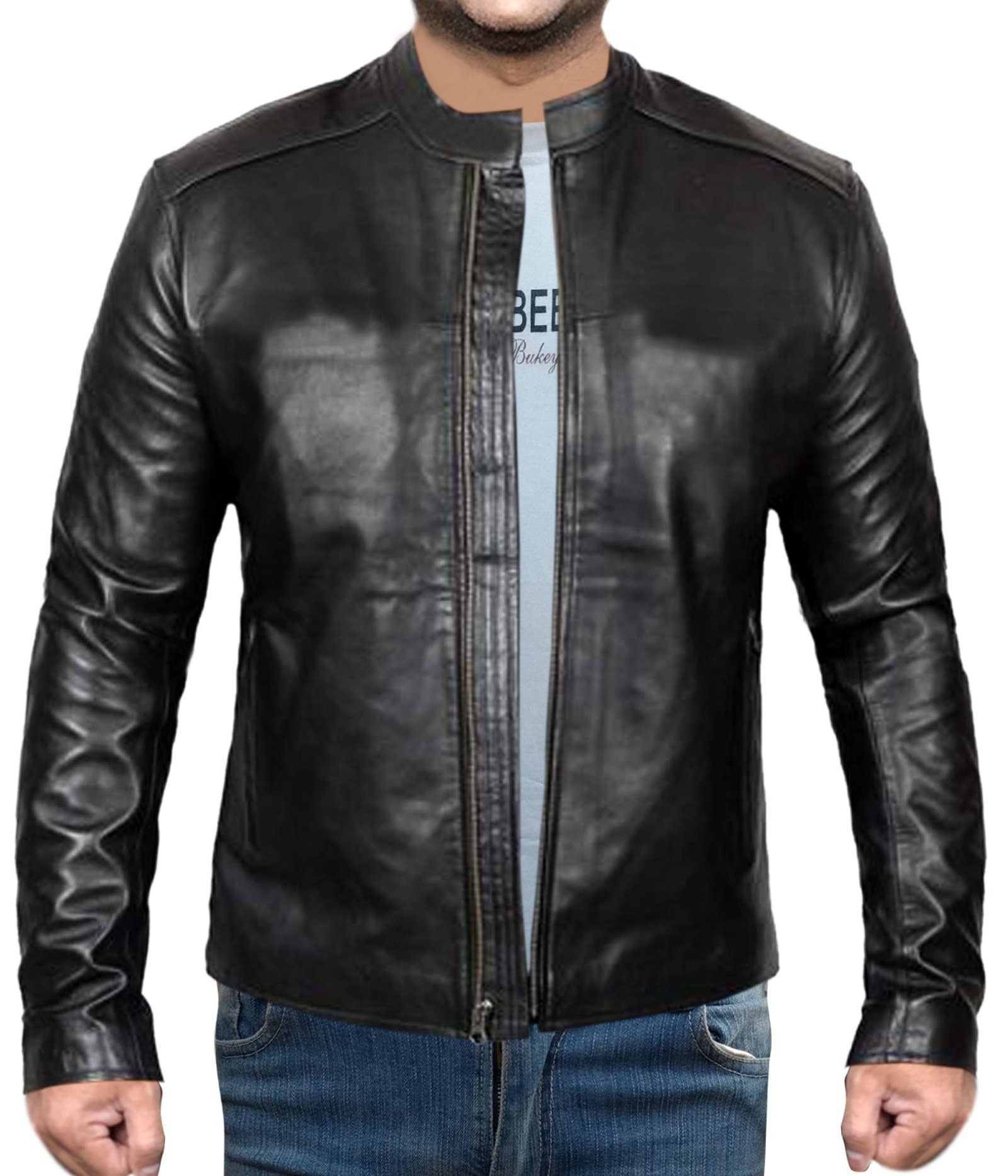 Men’s Black Cafe Racer Leather Jacket Slim Fit Biker Style Jacket