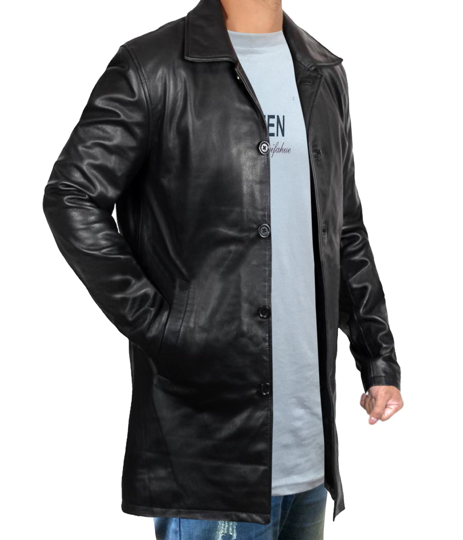 Men’s Black Leather Car Coat Classic Button Closure with Shirt Collar Lapel - Image 2