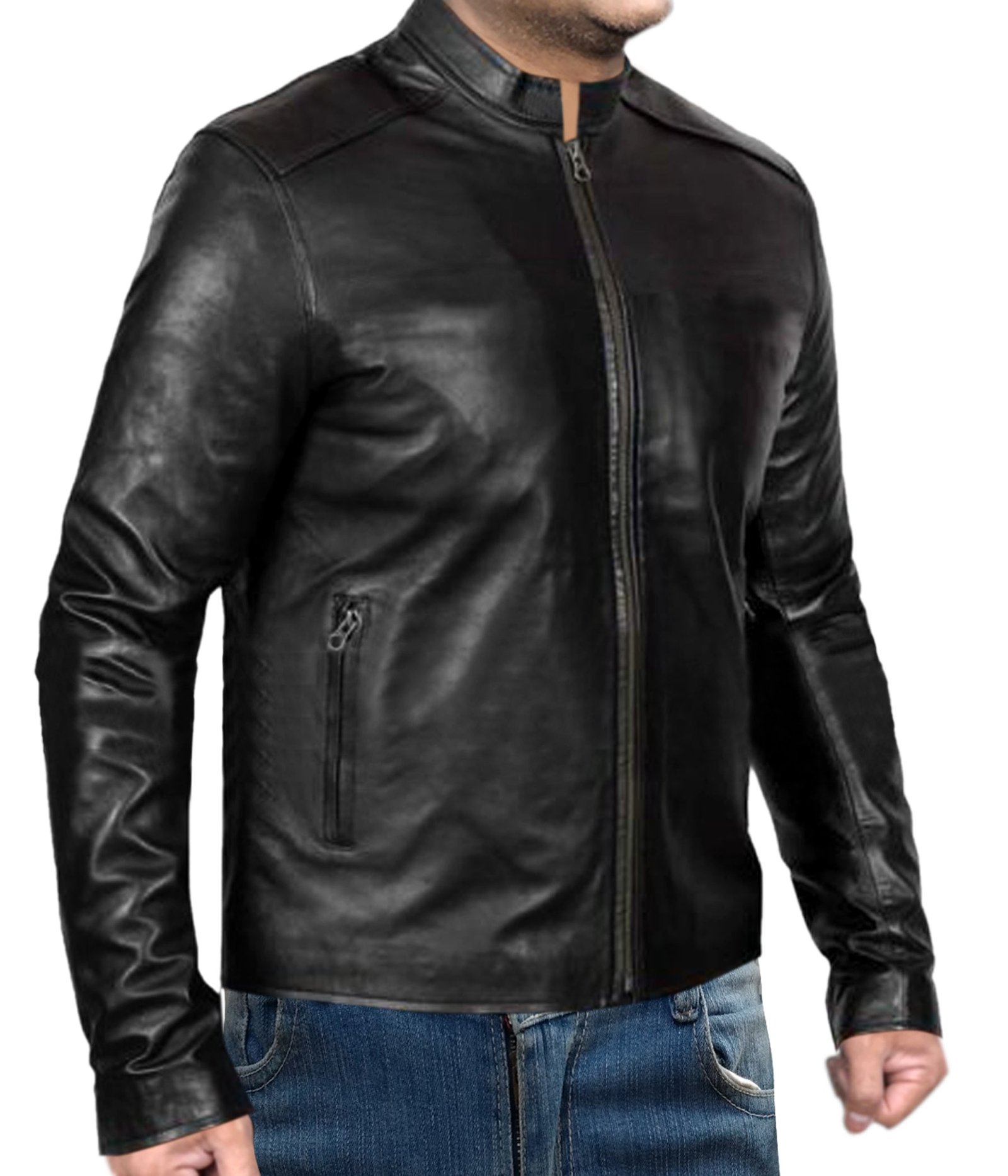 Men’s Black Cafe Racer Leather Jacket Slim Fit Biker Style Jacket - Image 3