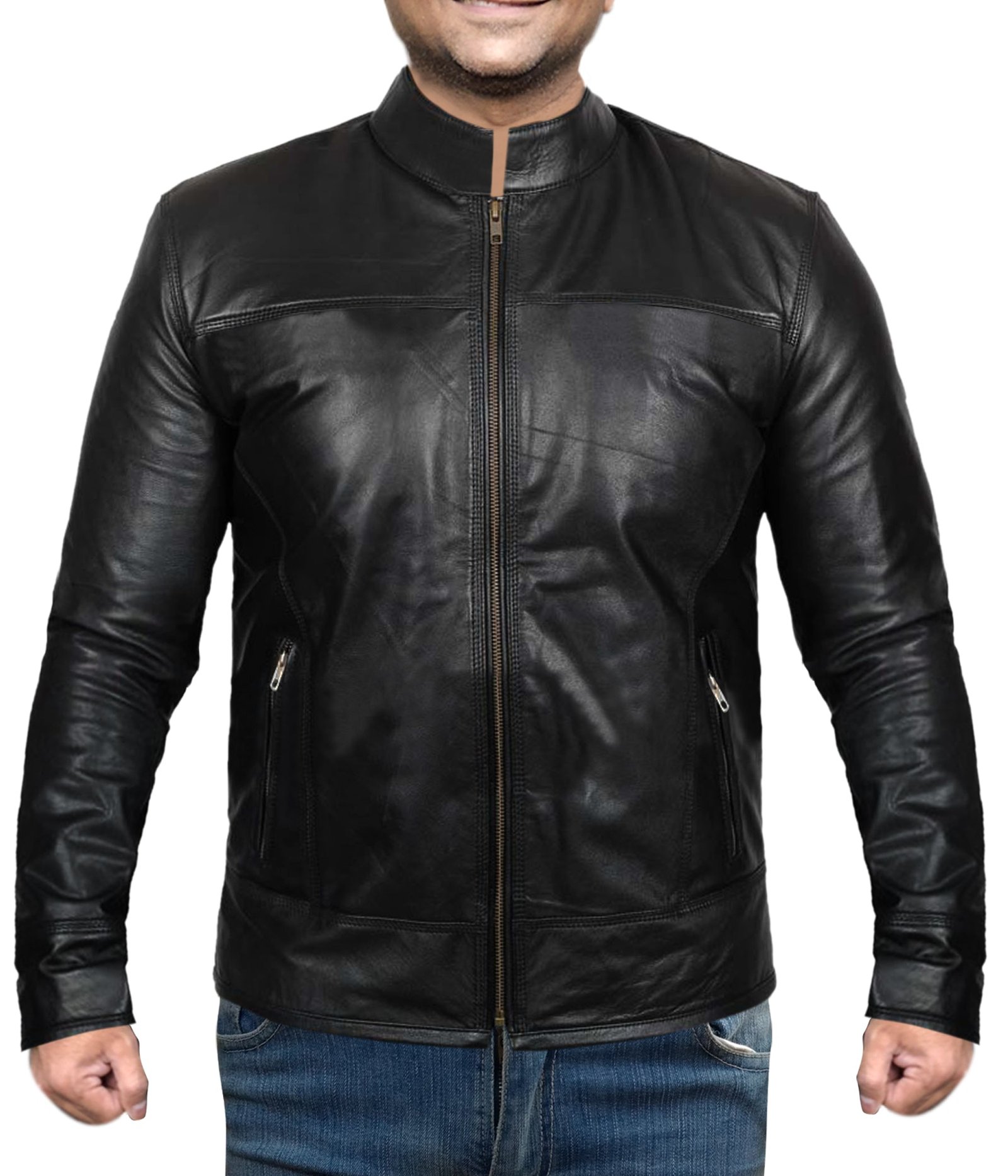 Andrew Men’s Black Genuine Leather Jacket Stand-Up Collar - Image 2