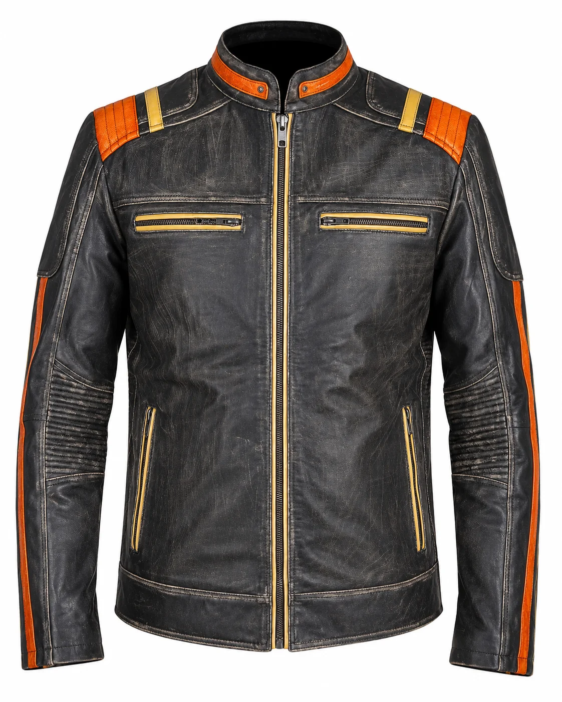 Men’s Vintage Distressed Leather Motorcycle Jacket with Orange & Gold Racing Stripes - Image 3