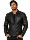 Men’s Vintage Distressed Black Leather Cafe Racer Motorcycle Jacket Red Racing Stripes