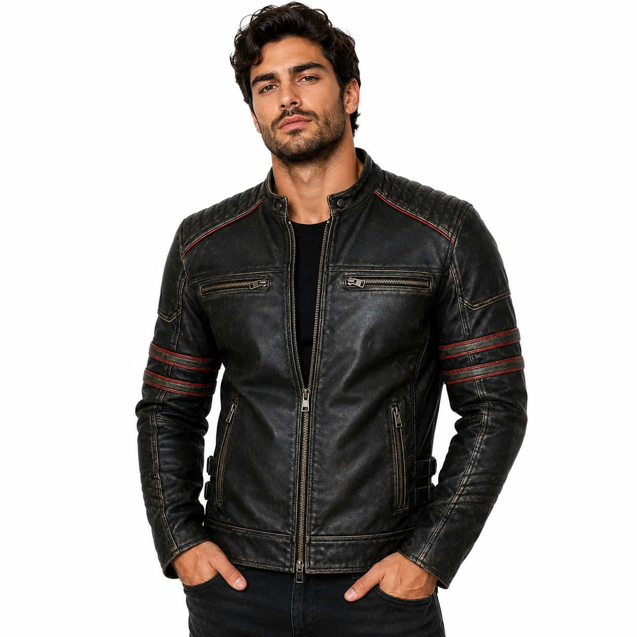 Men’s Vintage Distressed Black Leather Cafe Racer Motorcycle Jacket Red Racing Stripes