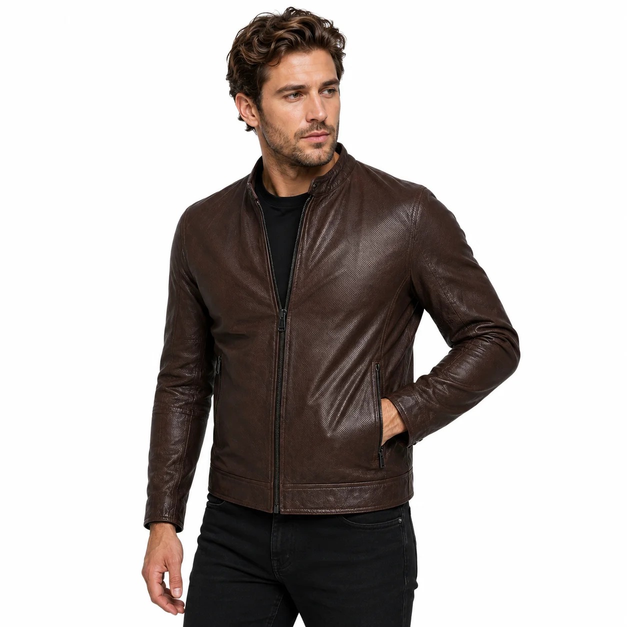 Men’s Brown Lambskin Leather Blouson Biker Jacket Perforated Vintage Motorcycle Jacket