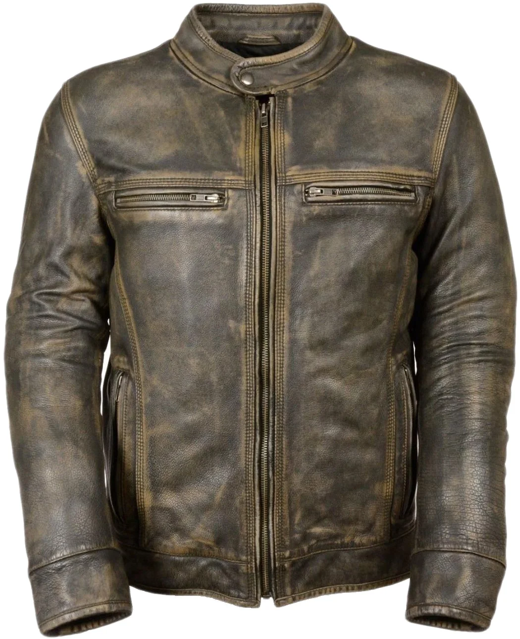 Men’s Distressed Brown Leather Cafe Racer Jacket Stand Collar & Multiple Zipper Pockets - Image 3