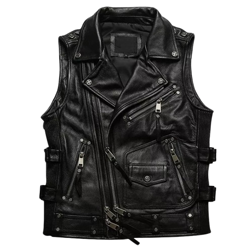 Men's Black Genuine Leather Biker Vest with Zip & Snap Closures and Adjustable Sides