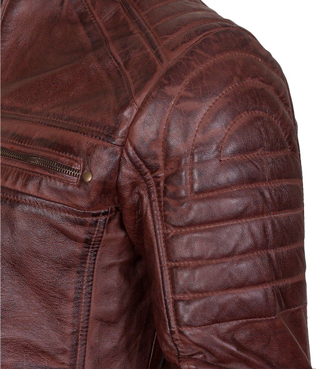 Men’s Vintage Brown Quilted Biker Leather Jacket - Image 2