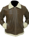 Men’s Brown Cowhide Leather Jacket with Shearling Collar & Cuffs