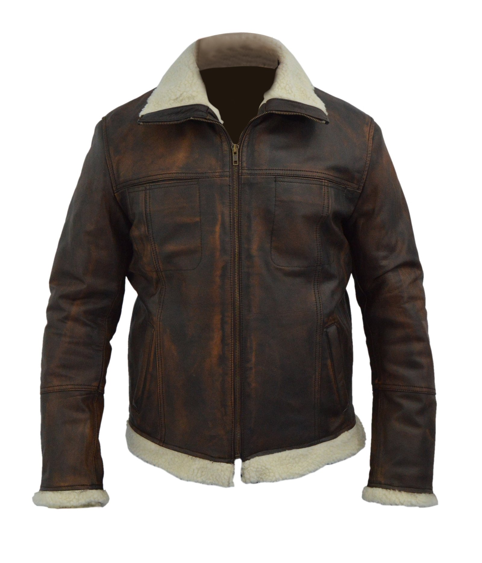 Men’s Distressed Brown Leather Jacket with Shearling Collar Genuine Leather Winter Biker Jacket