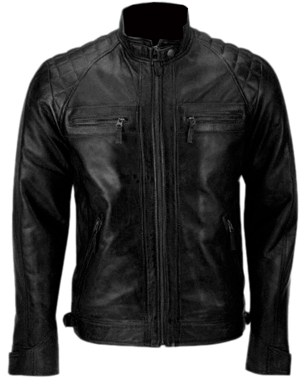 Men’s Distressed Black Leather Biker Jacket Quilted Shoulders & Upper Back - Image 3