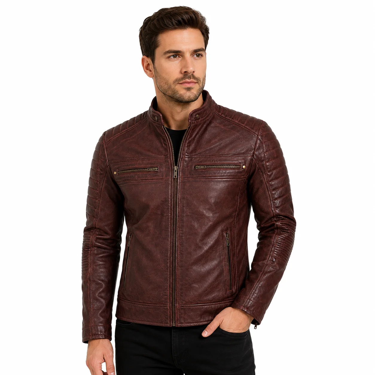 Men’s Vintage Brown Quilted Biker Leather Jacket