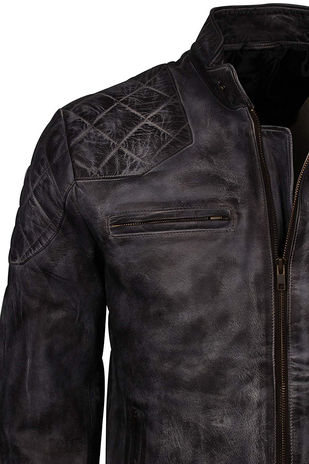 Men’s Distressed Cafe Racer Leather Jacket Quilted Shoulder & Elbow Panels, Vintage Slim Fit - Image 4