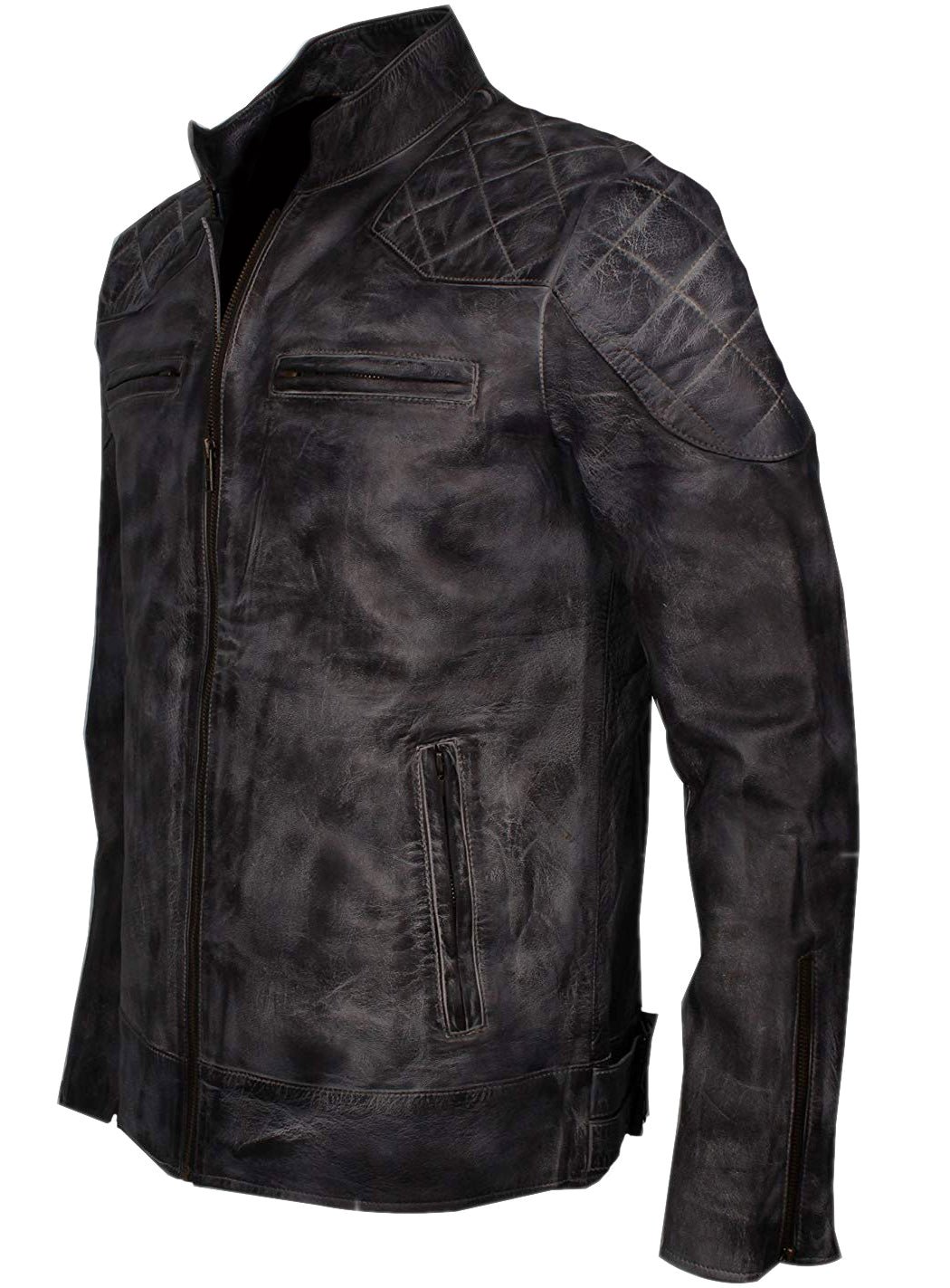 Men’s Distressed Cafe Racer Leather Jacket Quilted Shoulder & Elbow Panels, Vintage Slim Fit - Image 3