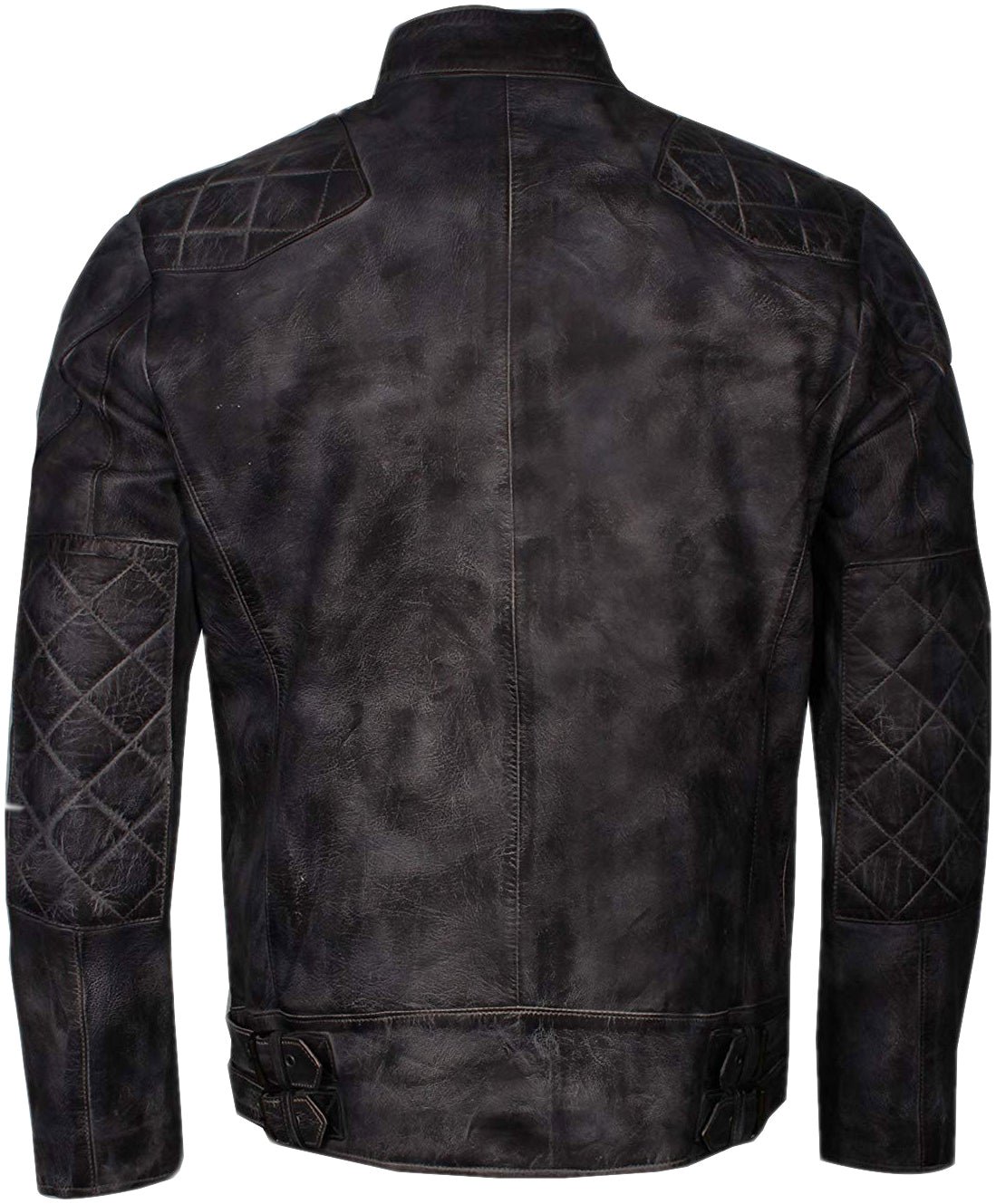 Men’s Distressed Cafe Racer Leather Jacket Quilted Shoulder & Elbow Panels, Vintage Slim Fit - Image 6