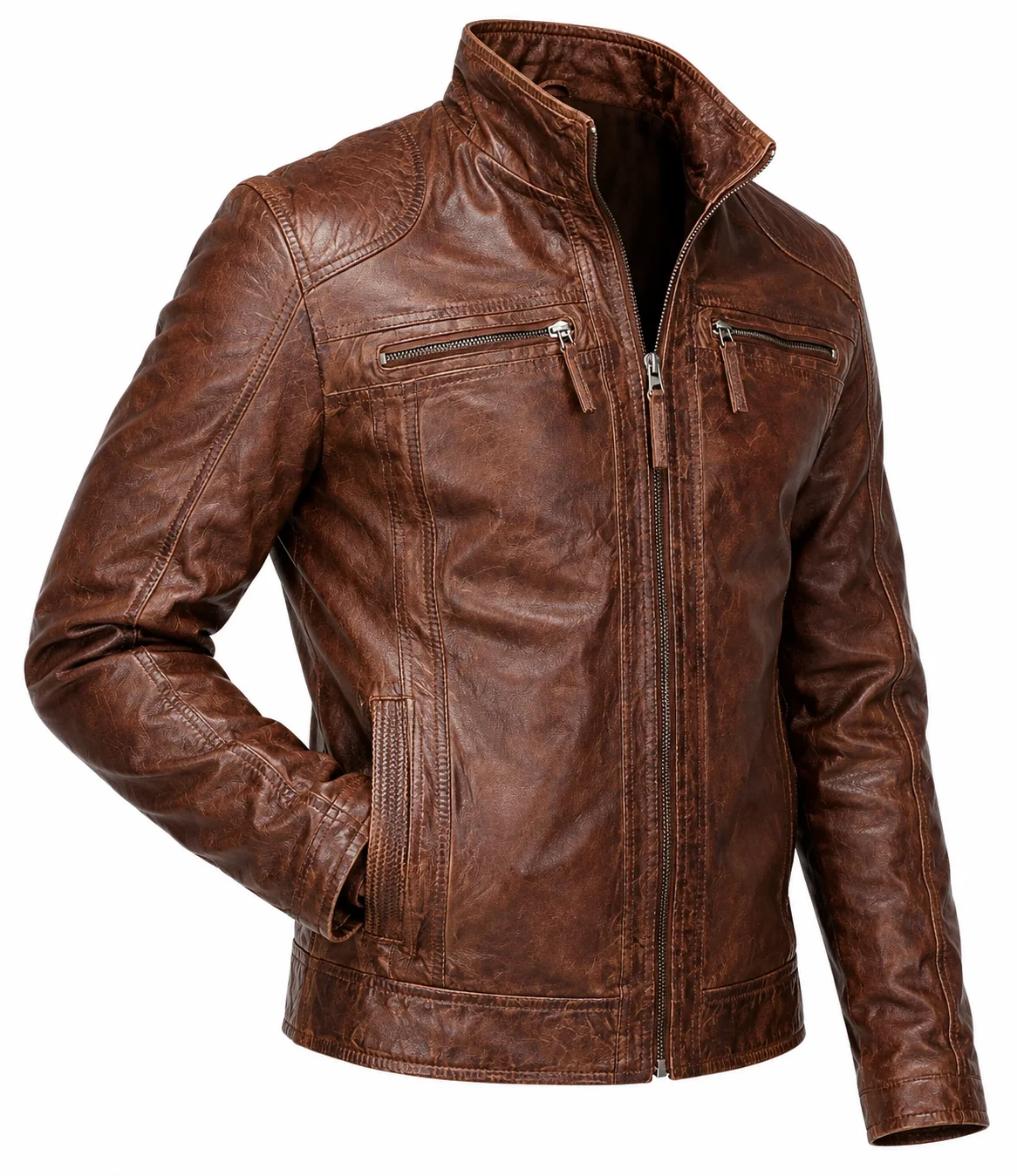 Men’s Vintage Distressed Brown Leather Motorcycle Jacket - Image 5