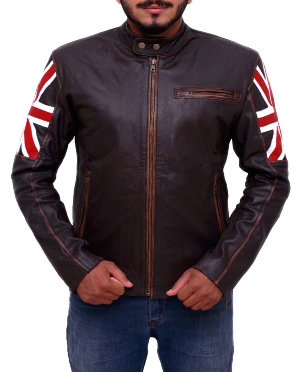 Men’s Distressed Brown Leather Jacket with Union Jack Flag Sleeves