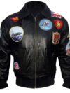 Black Top Gun Bomber Leather Jacket with Pilot Patches