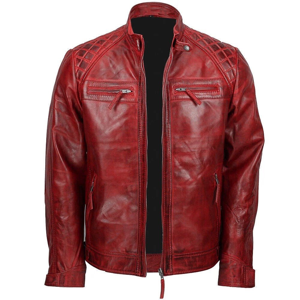 Men’s Red Distressed Leather Vintage Jacket Quilted Shoulder Details, Genuine Leather