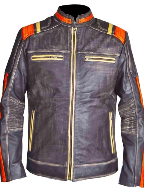 Men’s Vintage Distressed Leather Motorcycle Jacket with Orange & Gold Racing Stripes
