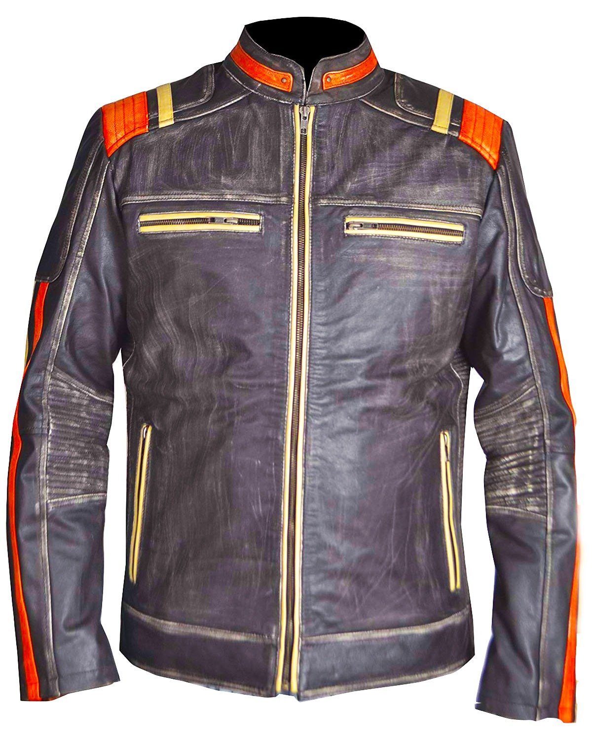 Men’s Vintage Distressed Leather Motorcycle Jacket with Orange & Gold Racing Stripes