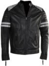 Men’s Black Leather Café Racer Jacket with White Stripes
