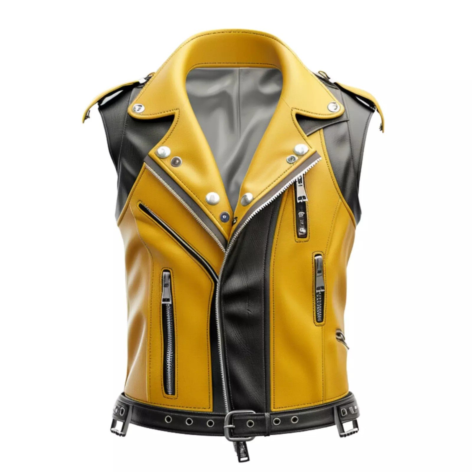 Men’s Yellow and Black Leather Biker Vest Stylish Motorcycle Leather Outerwear