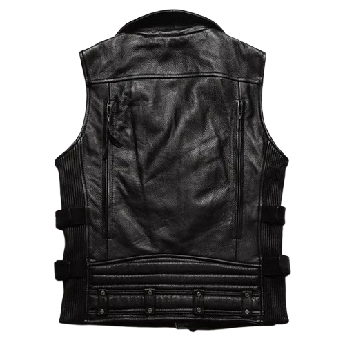Men's Black Genuine Leather Biker Vest with Zip & Snap Closures and Adjustable Sides - Image 2